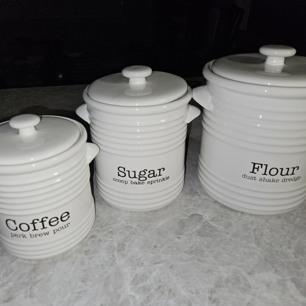 Mud Pie White Ceramic Kitchen Canister Set - Flour, Sugar, Coffee